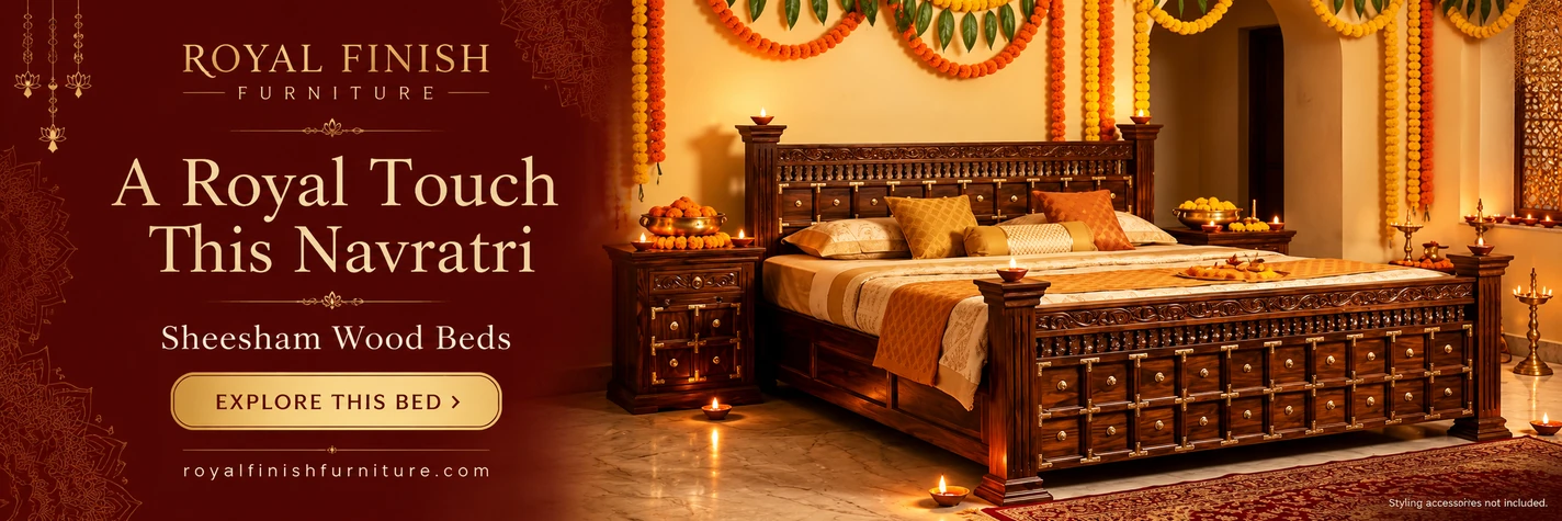 Royal Finish Furniture — A Royal Touch This Navratri: carved Sheesham Wood Bed with brass fittings.