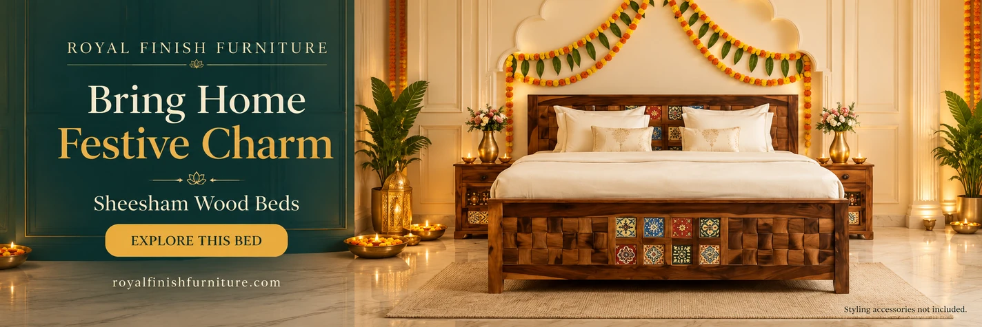 Royal Finish Furniture — Bring Home Festive Charm: Sheesham Wood Bed with colourful tile inlay.