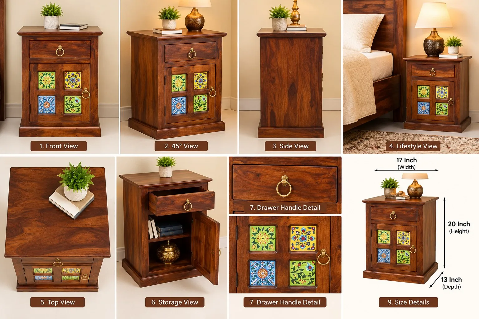 Bedside table — multi-angle reference sheet
