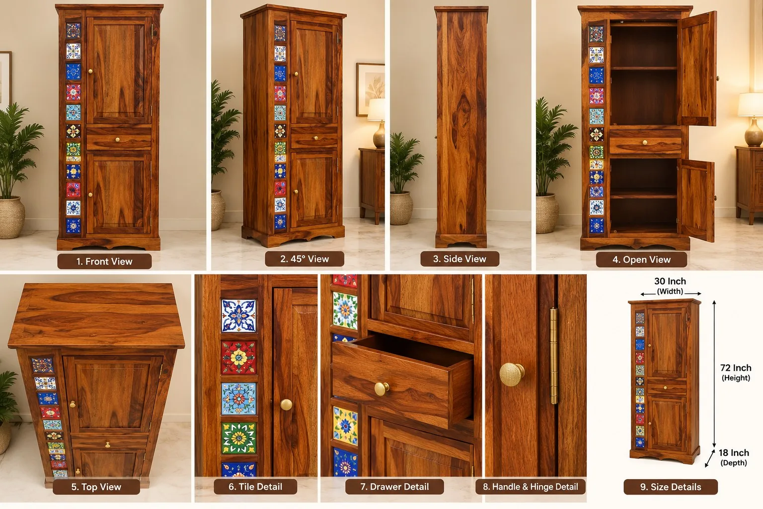 Wardrobe, design 1 (tall, tile strip) — multi-angle reference sheet