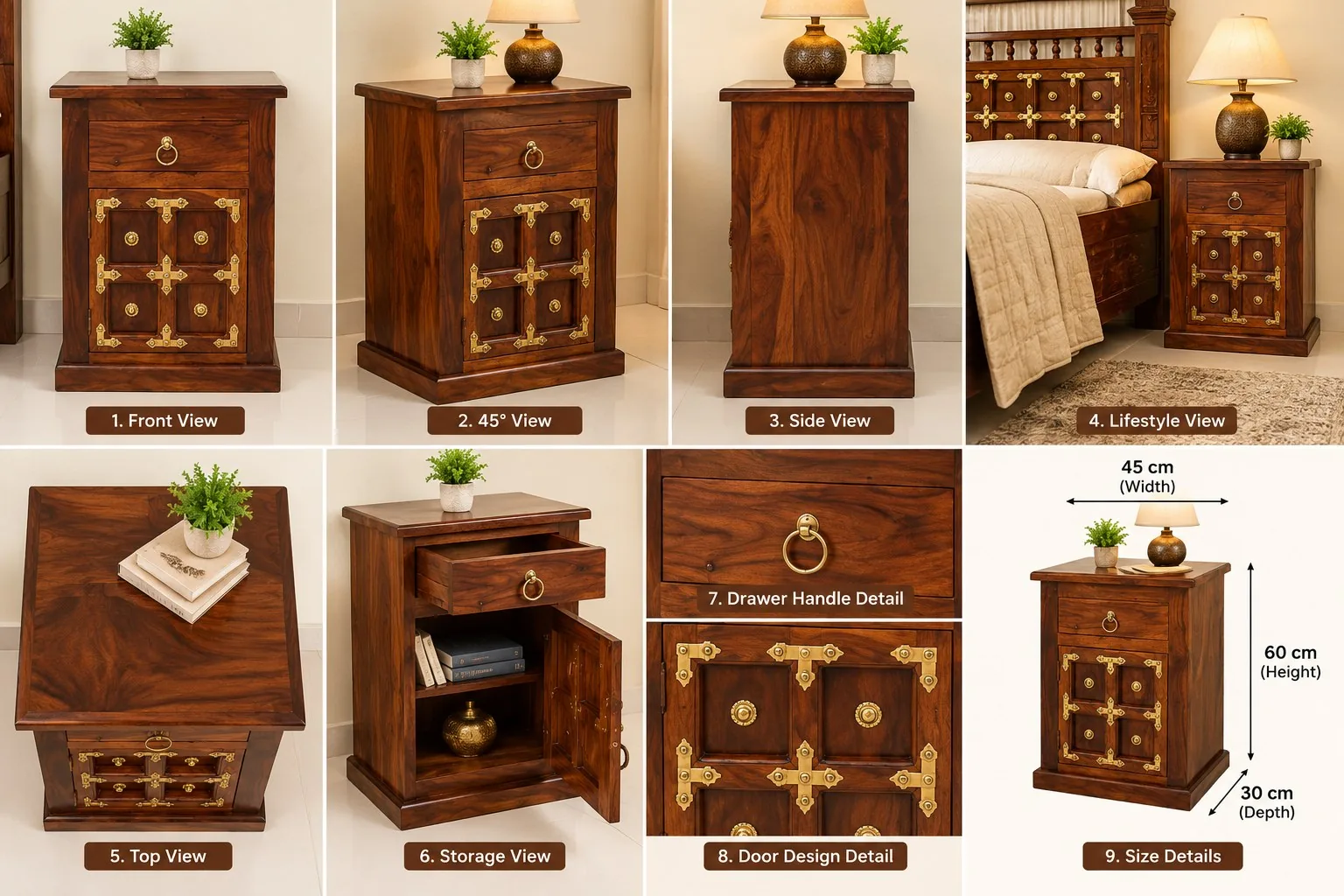 Bedside table — multi-angle reference sheet
