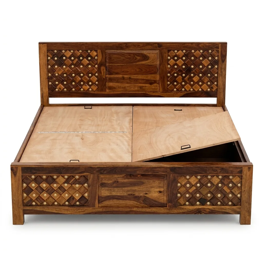 Royal Finish Furniture King Size Solid Sheesham Wood Bed with Decorative Brass Inlay, Honey Brown Finish sheesham wood bed image 6