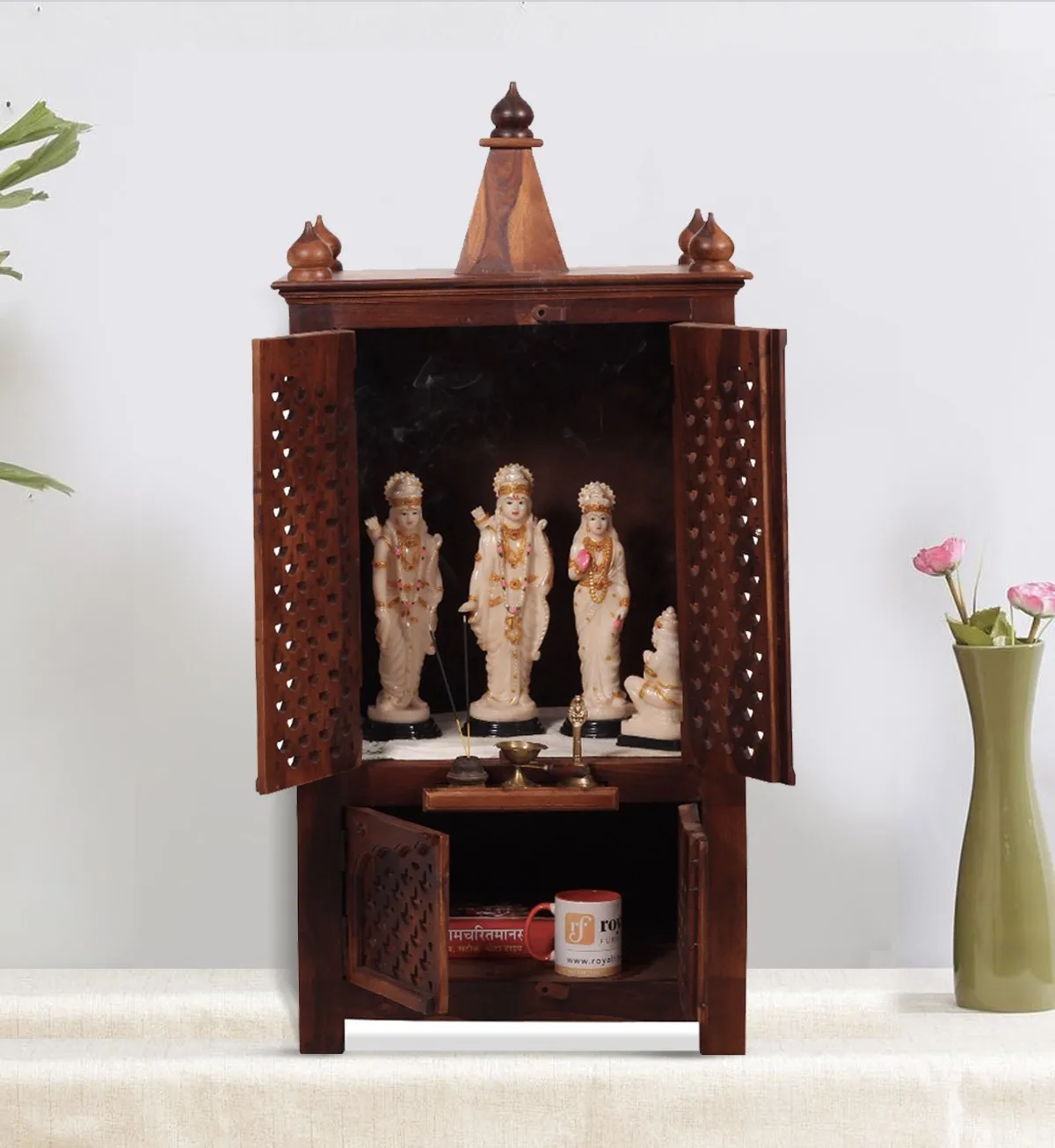 Royal Finish Carvo Temple with Door in Sheesham Wood with Matte Finished