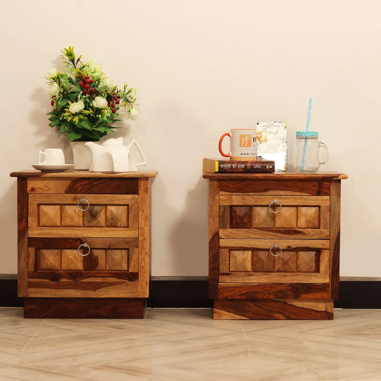 Royal Finish Diamondie Double Bedside Table In Furniture Sheesham In Natural
